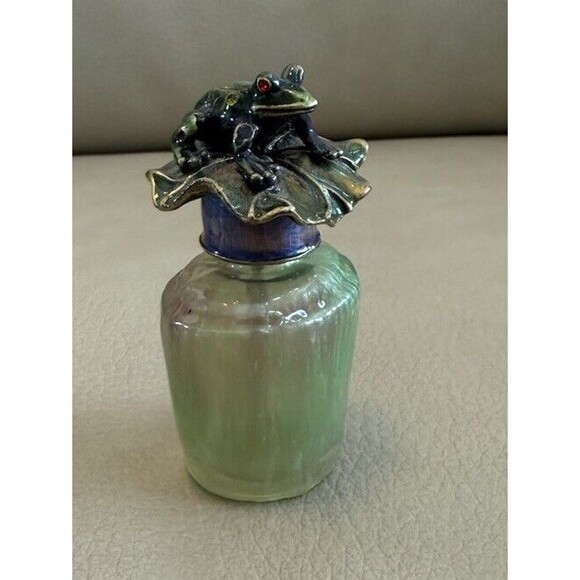 Jewelry - Perfume Bottle Frosted Emerald Glass Jeweled Frog Enameled Lily Pad